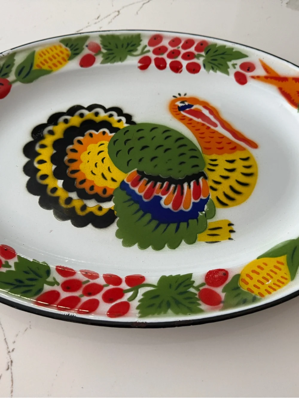 Colorful Turkey Platter 14x17” Green, Yellow & Red, enamelware, EUC Thanksgiving